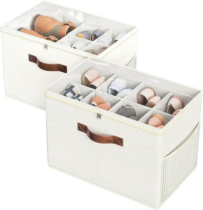 Budding Joy 2 Pack Shoe Organizer for Closet, Clear Foldable Shoe Storage Containers Adjustable Dividers Fits 16 Pairs
