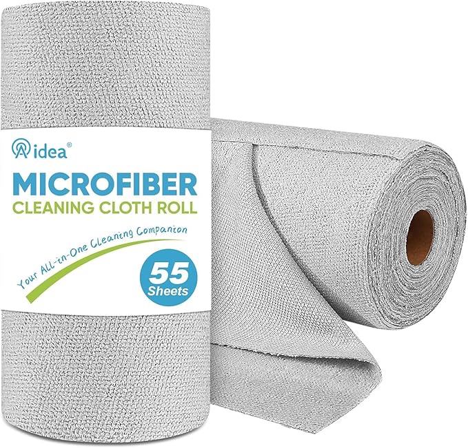 AIDEA Microfiber Cleaning Cloth Roll, Shop Towels 55 Sheets, Grey Microfiber Towels for Cars, Washable Shop Rags Reusable Paper Towel for Automotive, Workshop, House, Kitchen, Cleaning Supplies11×9"