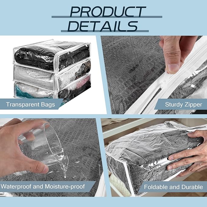 10 Pack Clear Storage Bags with Zipper Large Plastic Zippered Storage Bags for Blankets Clothes Sweaters Pillow Bed Sheet Storage Organizers 16 x 14 x 4 Inch