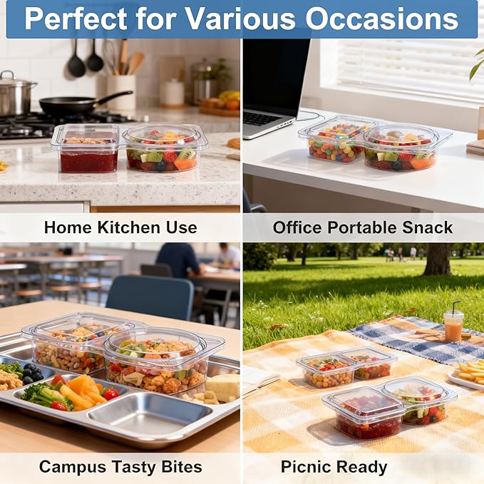 Reusable Snack Containers & Snack Pack Containers – 2 Compartment Meal Prep Containers with Lids, Double Condiment Containers, Portable Snackle Box (10 Set)