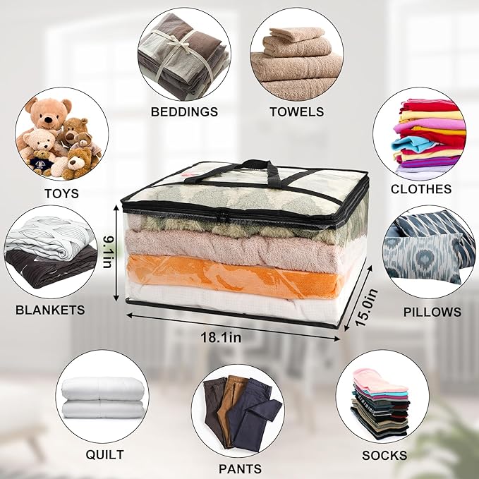 8Pack Clear Blanket Storage Bags, Vinyl Comforter Clothes Storage Closet Organizers and Storage Containers Moving Bags with Reinforced Handle for Bedding, Clothing, Comforters, Pillows, Toys,40L