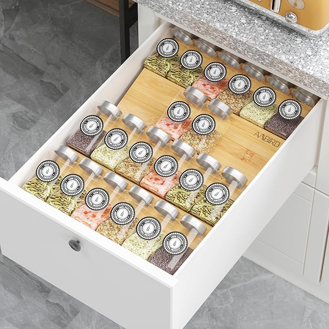 Bamboo Spice Drawer Organizer with Non-slip Mat