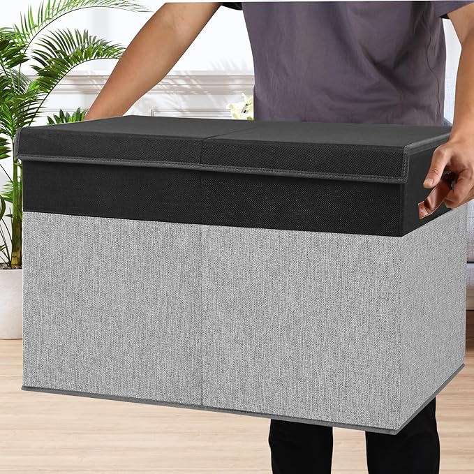 Gowee Large Toy Storage Box with Lid, Sturdy Toys Storage Chest Bin Organizer Basket with Dividers for Kids, Boys, Girls, Nursery, Closet, Bedroom, Playroom 26"x17" x17" (Black and Grey)
