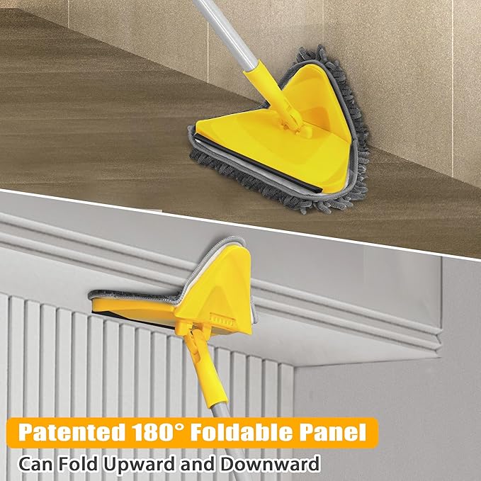 JEHONN Wall Mop with Long Handle 80 Inches, Upgraded 180° Collapsible Baseboard Cleaner Tool with Squeegee, Ceiling Duster with 3 Microfiber and 3 Chenille Pads for Cleaning Window, Cabinet (Yellow)