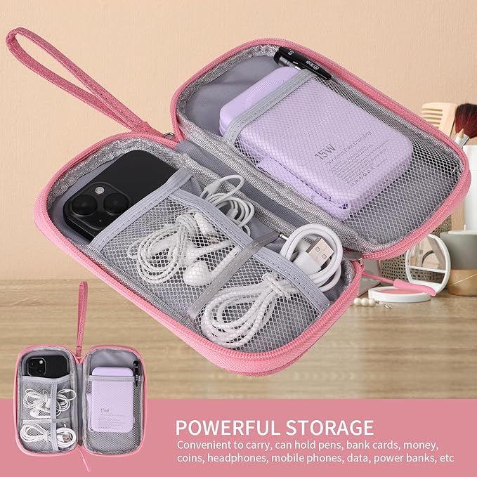 Pink Universal Cable Organizer - Electronics Accessories Bag for Charger, Phone, Memory Card & Travel Gadgets