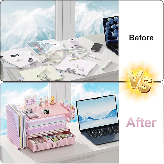 gianotter Wood Desk Organizers and Accessories with File Holder, 4-Tier Desk Accessories & Workspace Organizers with Drawer and Pen Holder, Paper Organizer for Office Supplies (Pink)