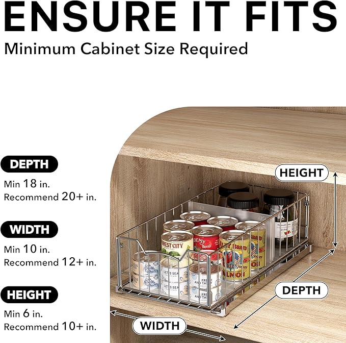Simple Houseware Pull-Out Cabinet Sliding Basket Organizer, 17.2" D x 9.7" W x 5" H – Chrome Finished, Ideal for Kitchen and Bathroom Cabinet Storage, Under Sink or Pantry Organization