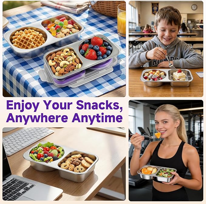 Stainless Steel Snack Containers with Lid, Reusable 2 Compartment Snack Box Leak-Proof Food Storage Container, 13 Oz BPA-Free Metal Bento Lunch Box for Home, Travel, Picnic (1 Pack, Purple)