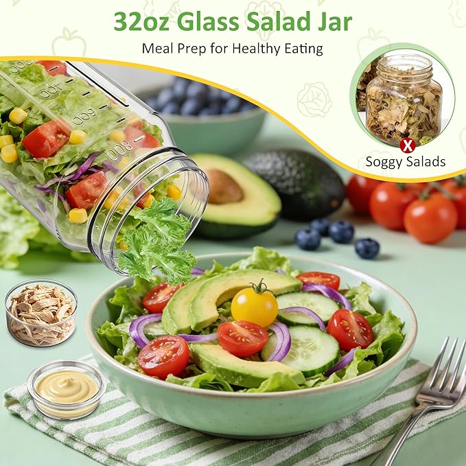 4Pack Glass Salad Jars with Lids, 32oz Salads Mason Jars with Wet/Dry Separation Cup, Meal Prep Salad Containers for Lunch