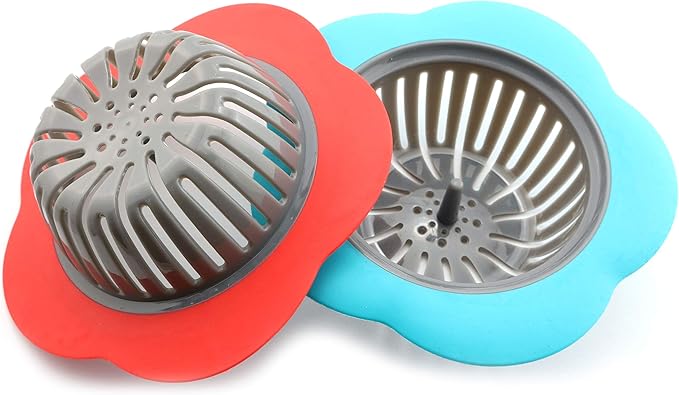 2-Pack Plastic Sink Strainer Kitchen Bathroom Tools Flower Shaped Anti Blocking Sink Drains Cover Filter 11.5x3.9cm (Blue + Red)