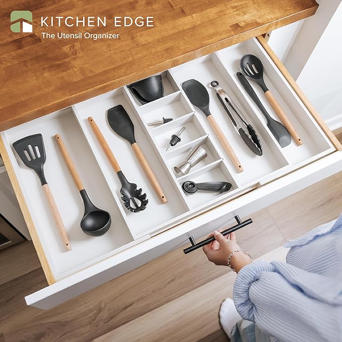 KitchenEdge Adjustable Kitchen Drawer Organizer for Utensils and Junk, Food-Safe Contract Grade with 100% Sustainable Wood