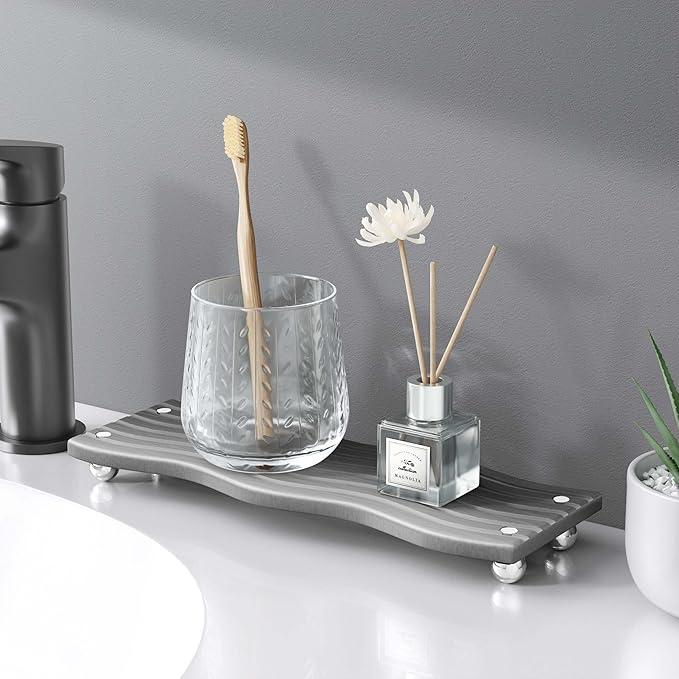 Water Absorbing Stone Tray for Sink, Diatomite Drying Stone for Kitchen Bathroom Counter, Decorative Raised-Feet Vanity Tray, Sink Caddy Organizer for Dish Soap & Sponge Holder [Dark Grey, 12'' x 4'']