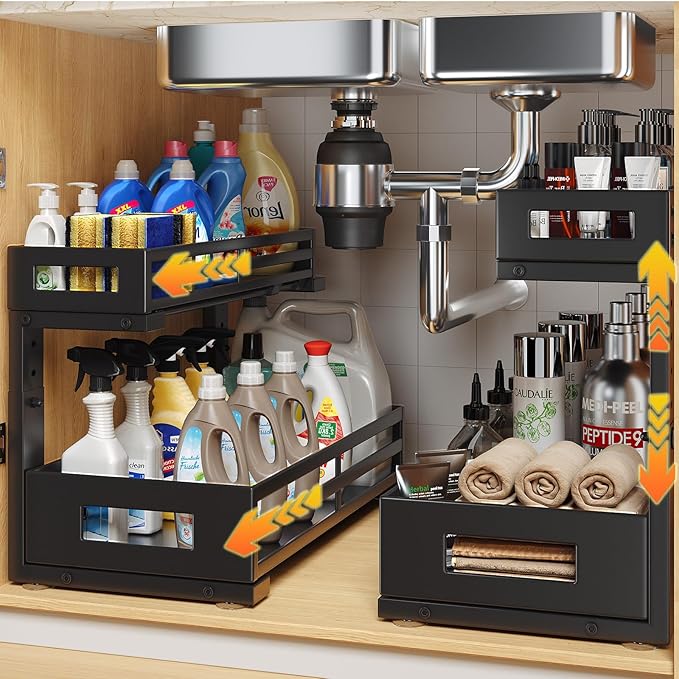 2-Pack 17"Deep Under Sink Organizer And Storage, 2-Tier L-Shaped Pull Out Cabinet Organizer with Upgraded Slide Rails, Height Adjustable Drawers for Kitchen&Bathroom, Extra-Large Storage Shelves–Black