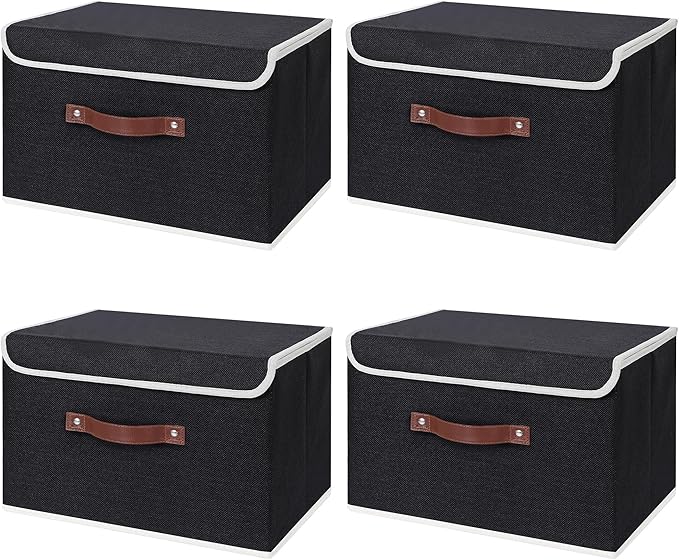 ANMINY 4 Storage Bins with Lid - Large Black