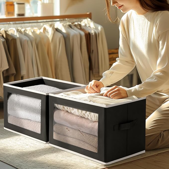 Storage Boxes with Lids, 5 Pack Foldable Clear Window Storage Bins
