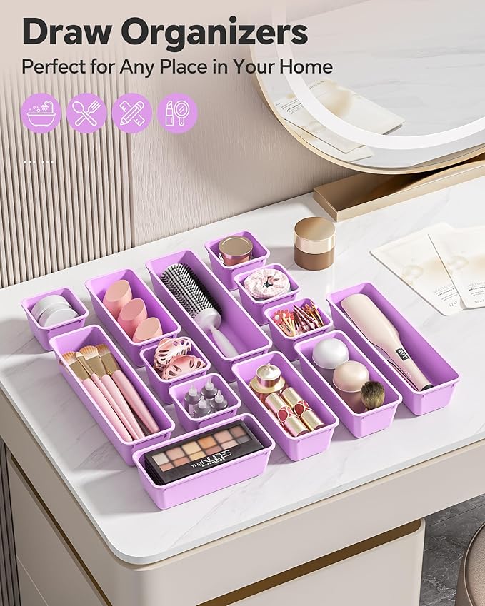 13 Pack Plastic Drawer Organizers Set, Purple