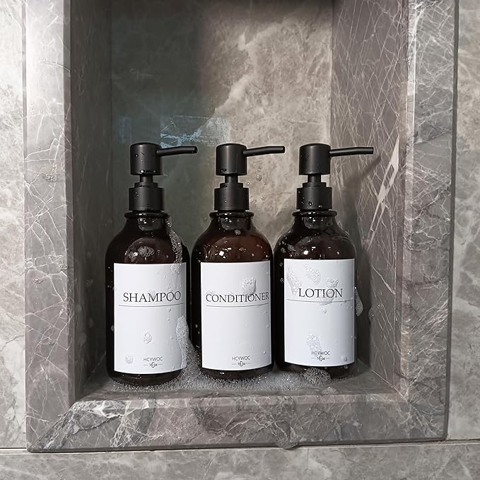 Shampoo Dispenser for Shower Wall, Shampoo and Conditioner Dispenser with 16 Waterproof Labels, No Drill Shower Soap Dispenser Bathroom, Shower Soap Dispenser Wall Mounted,17oz, 3 Pack, Amber