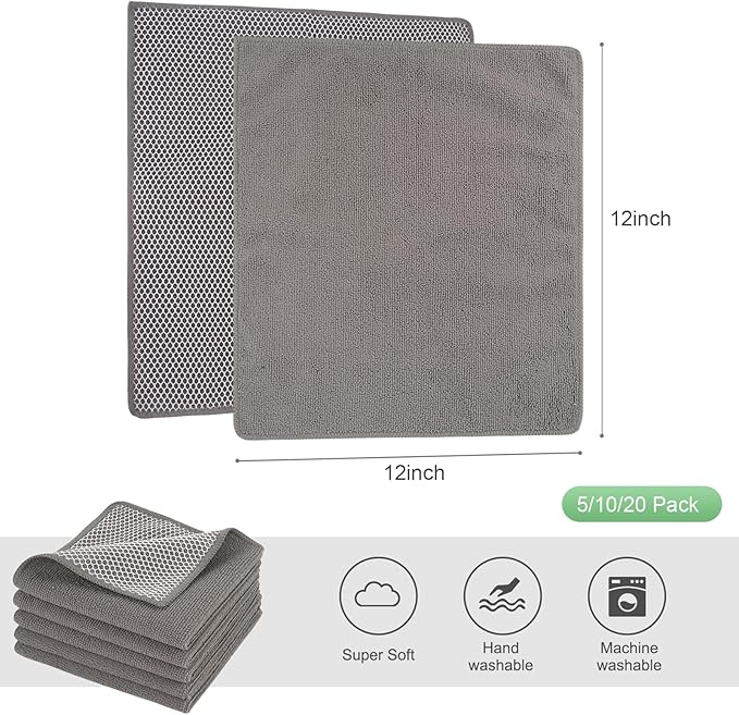 SINLAND Microfiber Dish Cloths Dish Rags for Washing Dishes Best Kitchen Washcloth Cleaning Cloths with Poly Scour Side 12Inchx12Inch 10Pack Grey