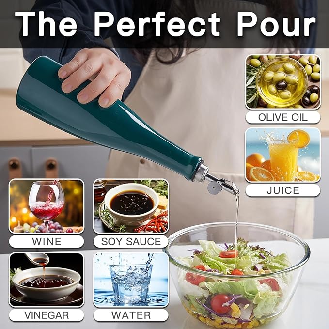 YOLIFE Olive Oil Dispenser Bottle, 20oz Ceramic Oil Dispenser for Kitchen, Oil Bottle with Gravity Spout, Leak Proof EVOO Dispensing Bottle with 2 Spouts and 1 Funnel for Vinegar, Juice(Green)