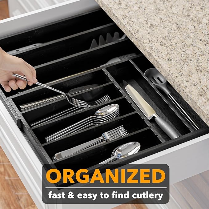 2.5" High Bamboo Silverware Drawer Organizer with Labels, Black