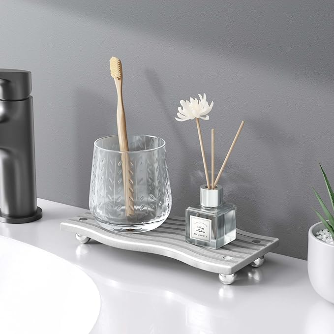 Water Absorbing Stone Tray for Sink, Diatomite Drying Stone for Kitchen Bathroom Counter, Decorative Raised-Feet Vanity Tray, Sink Caddy Organizer for Dish Soap & Sponge Holder [Grey, 9'' x 4'']