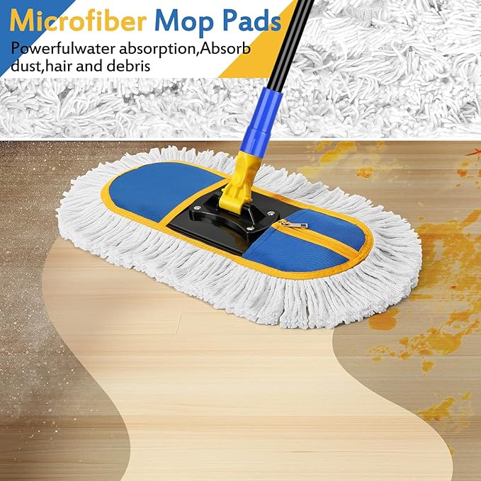 16 Inch Commercial Dust Mop Replacement Heads, 2 Pack Heavy Duty Industrial Cotton Mop Refill Pads Washable for Hardwood Vinyl Laminate Floors Kitchen Warehouse Courtyard Cleaning,Blue