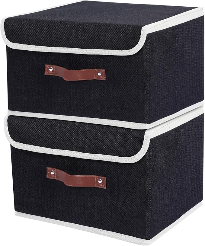 ANMINY 2PCS Storage Bin with Lid Storage Boxes with PU Leather Handles PP Plastic Board Decorative Foldable Lidded Cotton Linen Fabric Home Cubes