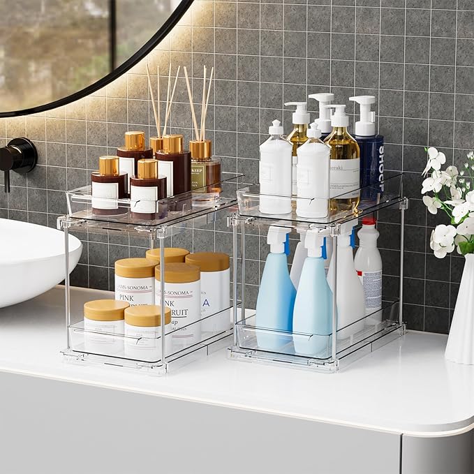 2 Pack 2 Tier Pull Out Drawers for Medicine Cabinet Organizer