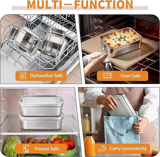 TeamFar 2 Pack Stainless Steel Bento Box, 81oz Metal Lunch Box with 3 Compartments for Adults/Kids, Lunch Food Containers for School/Work/Meal Prep, Leak-Proof & Dishwasher Safe, 2400ML