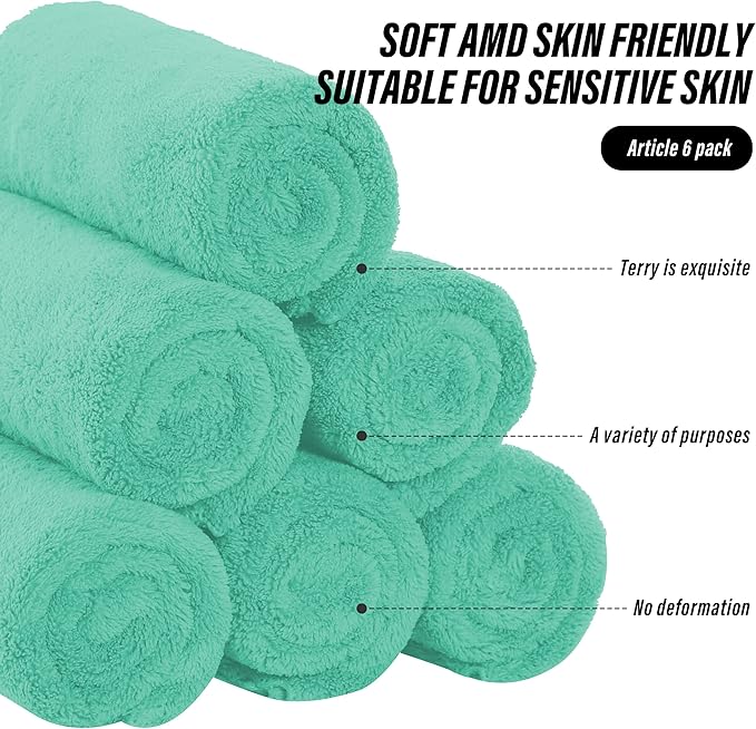 MOONQUEEN 6 Pack Premium Hand Towels - Quick Drying - Microfiber Coral Velvet Highly Absorbent Towels - Multipurpose Use as Hotel, Bathroom, Shower, Spa, Hand Towel 16 x 28 inches (Aqua Green)