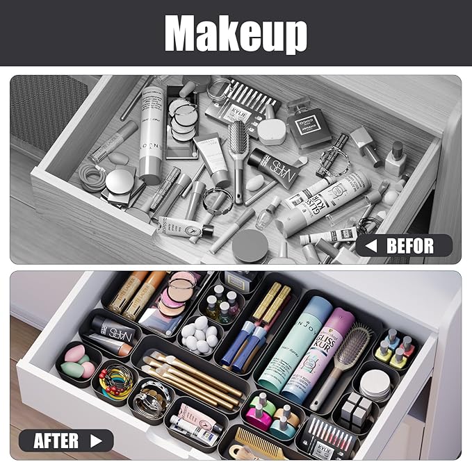 Plastic Drawer Organizers, 18 PCS Drawer Organizer Bins, Bathroom and Vanity Organizer Plastic Tray, Makeup organizer and storage for Makeup, Bedroom, Kitchen Gadgets Utensils and Office (Black)