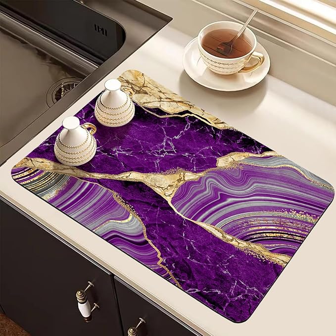 Dish Drying Mat for Kitchen Counter, Purple Marble Gold Agate Design, Washable Absorbent Quick Dry Pad with Rubber Backing, Draining Mat for Dishes Coffee Table, 16" x 24"