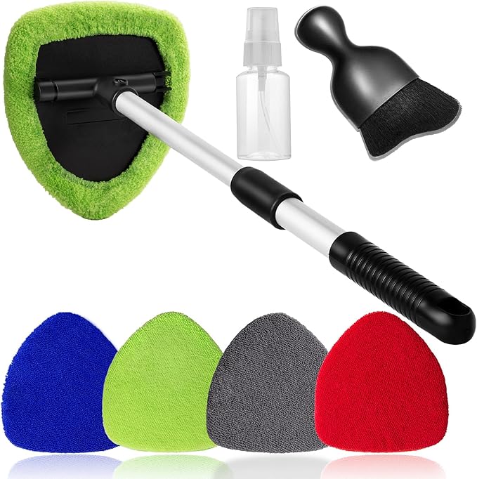 Qydipclin 7pc Windshield Cleaning Kit - 4 Microfiber Pads, Extendable Handle