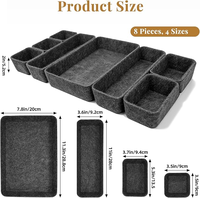 8pcs Felt Desk Drawer Organizer Tray, Charcoal