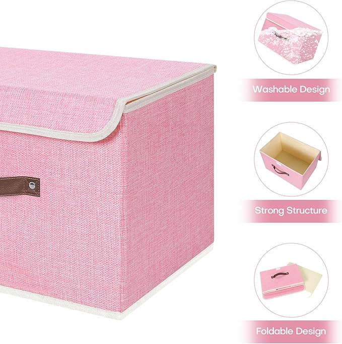 ANMINY Storage Bin with Lid Storage Boxes with PU Leather Handles PP Plastic Board Decorative Foldable Lidded Cotton Linen Fabric Home Cubes Baskets