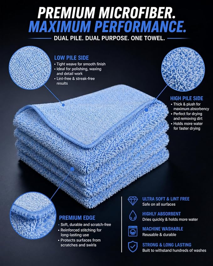 Premium Microfiber Towel for Cars 12 Pack, 400GSM, Quick-Dry, Scratch-Free, High and Low Pile Surface, Gray, Yellow, Blue,16 x 16 Inches, for Car Detailing and Household Use