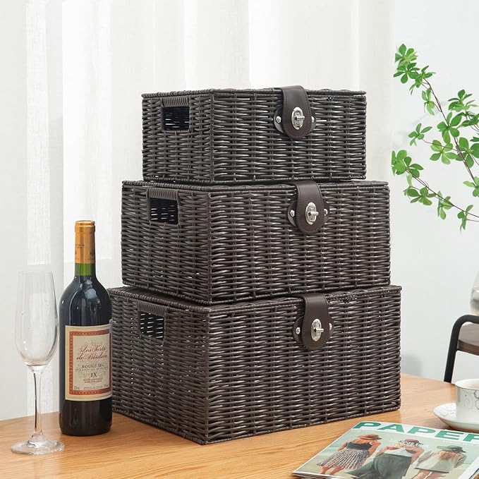 Set of 3 Woven Wicker Storage Basket Box with Lids & Lock, Brown