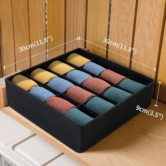 Joyoldelf Sock Drawer Organizer Divider, 16-cell Underwear Organizers and Storage Fabric Drawer Organizer for Socks, Lingerie, Handkerchiefs, Ties Black, 2 Packs