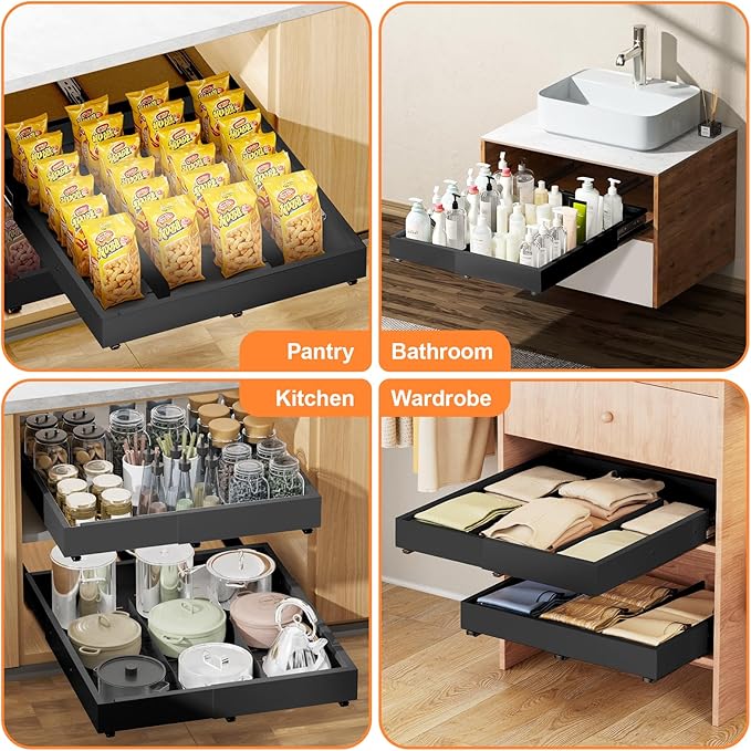 Pull out Cabinet Organizer Expandable W(12"-20") and D(16"-22"), No Drill Adjustable Slide Out Drawers With 3 Slide Rails, 2Pcs Magnetic Panel