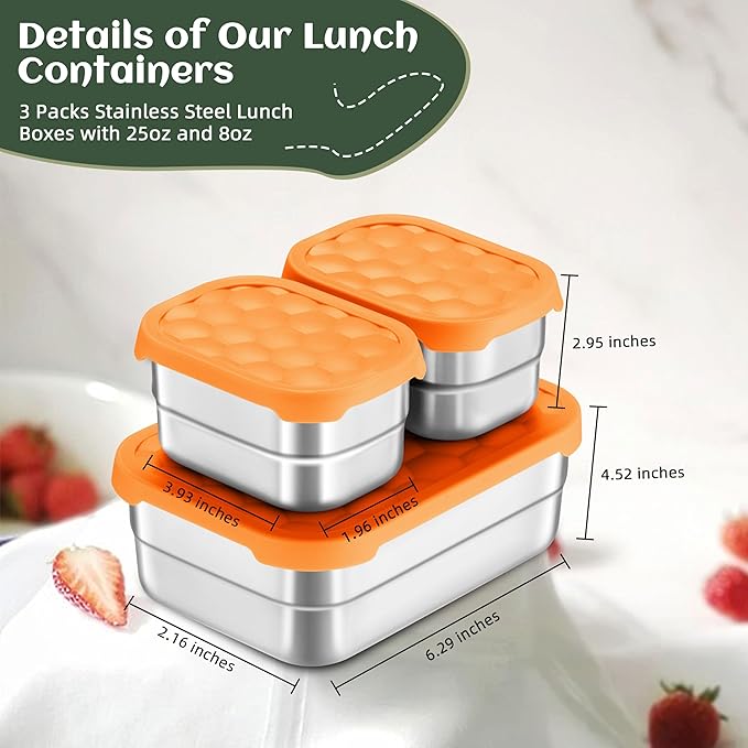 HaWare 8oz*2+25oz Stainless Steel Lunch Containers, Leak Proof Food Storage Snack Containers with Silicone Lids, Portable Sandwich Containers