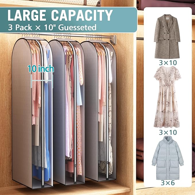 Liuoud 10" Gusseted Garment Bags for Hanging Clothes 60" Suit Bags for Open Closet Storage, Side Clear Clothing Cover for Coat, Dress, Jacket, Shirt, Fur Wardrobe Protector, 3 Packs, Grey