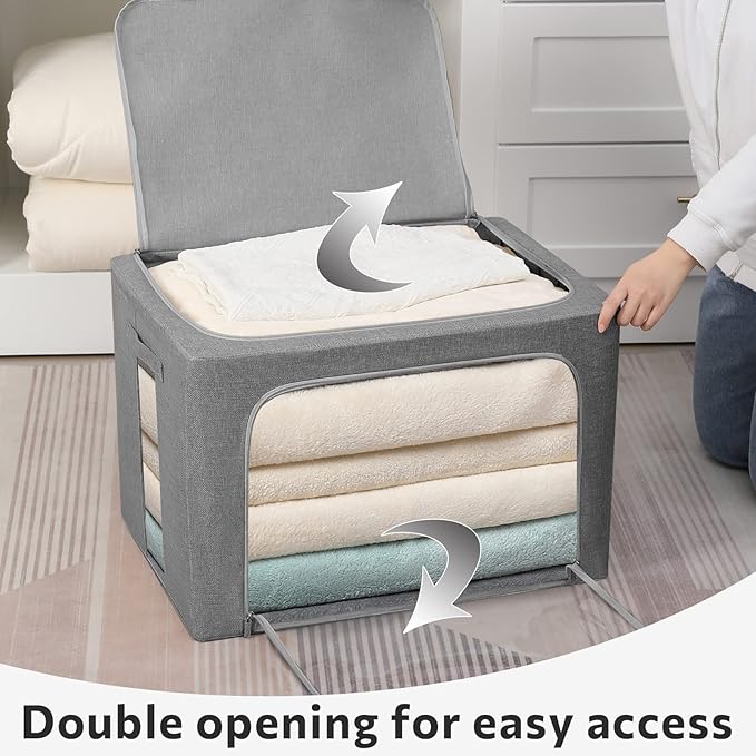2 Pack Clear Window Storage Bins Stackable Linen Fabric Storage for Clothes