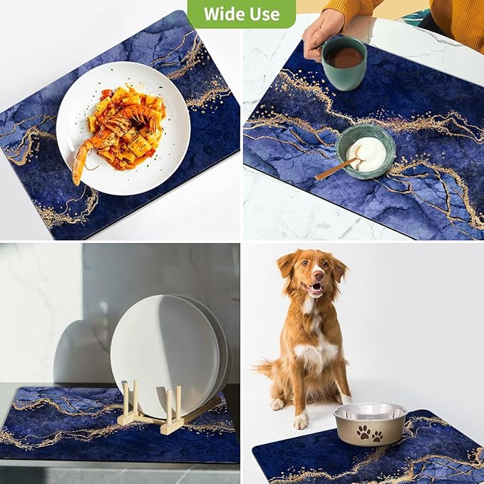 Dish Drying Mat for Kitchen Counter, Blue Marble and Golden Veins Washable Absorbent Quick Dry Pad with Rubber Backing, Draining Mat for Dishes Coffee Table, 16" x 24"