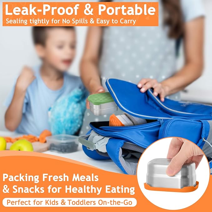 Homikit 3 Pack Snack Containers for Kids, 18/10 Stainless Steel Toddler Lunch Box with Silicone Lids