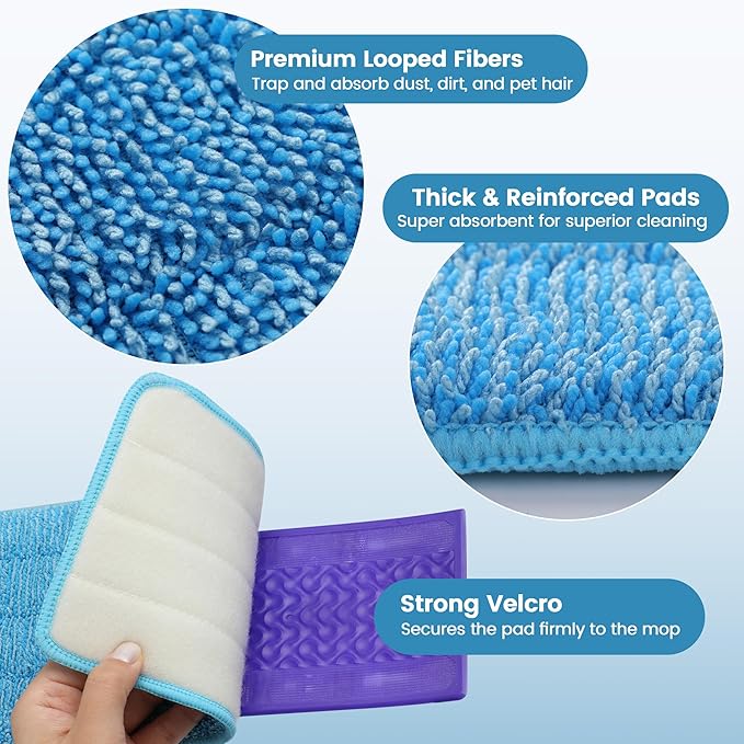 12 Pack Reusable Microfiber Mop Pads Compatible with Swiffer PowerMop, Machine Washable Replacement Pads for 13"-15" Spray Mop, Dry Wet Mopping Cloths Compatible with Multiple Floor Types