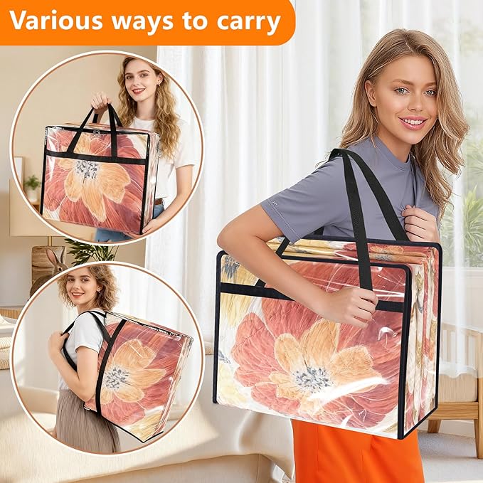 4 Pack Clear Clothes Storage Bags, Vinyl Blanket Storage Containers with Heavy Duty Zipper, Foldable Moving Bags, Closet Organizers for Bedding, Clothing, Comforters, Linens, Duvet (40L)