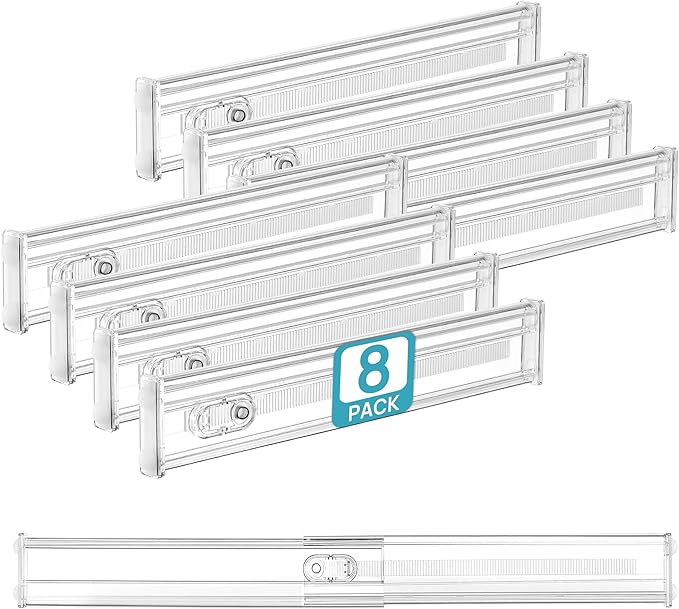 Vtopmart 8 Pack 2.36" Short Upgrade Drawer Dividers for Kitchen Drawer, 12.8"-22.3" Expandable Kitchen Drawer Organizer, Clear Plastic Organizer Separator for Flatware, Utensil, Cutlery, Underwear