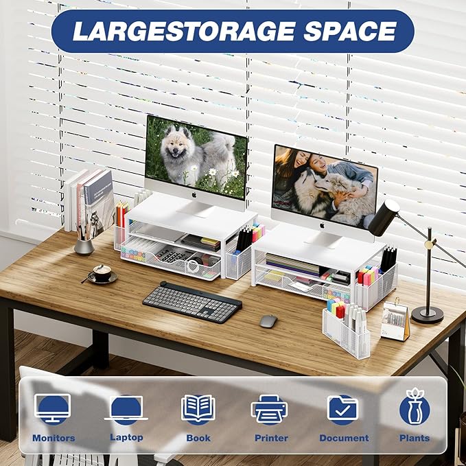 OPNICE Desk Organizers and Accessories, 2-Tier Computer Monitor Stand Riser with Drawer and 2 Pen Holders, Laptop Stand