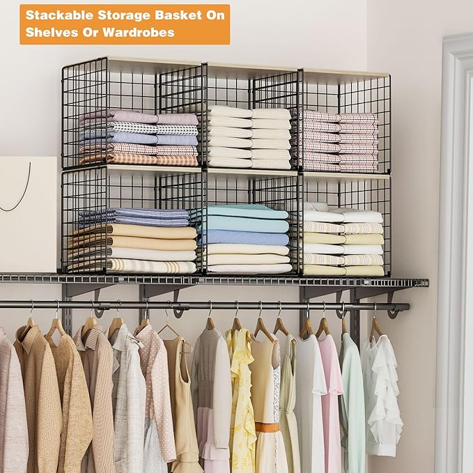 3PCS Stackable Closet Organizers and Storage, Shelves with Wood Top Extra Storage, Clothes Organizer Basket, Bin, or Tube for Wardrobe and Home Organization (Black-Sturdy Metal) Patent Pending