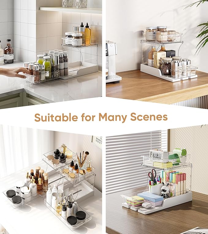YICHE 2 Tier Multi-Purpose Office Sliding Organizer Shelf, Kitchen Countertop Organizer Drawer for Bathroom Under Sink & Coffee Bar, Space Saving Pull Out Medicine Cabinet Organization Storage Rack